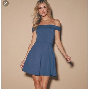 Lulu's Off Shoulder Denim Blue Fit and Flare Dress